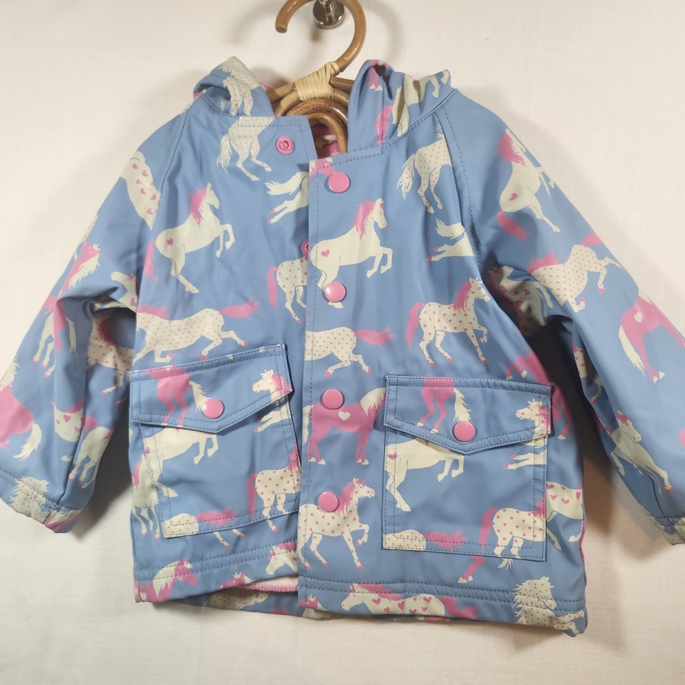 Hatley Girls Blue Pink Horse Print Hooded Raincoat Jacket 6-12M‎